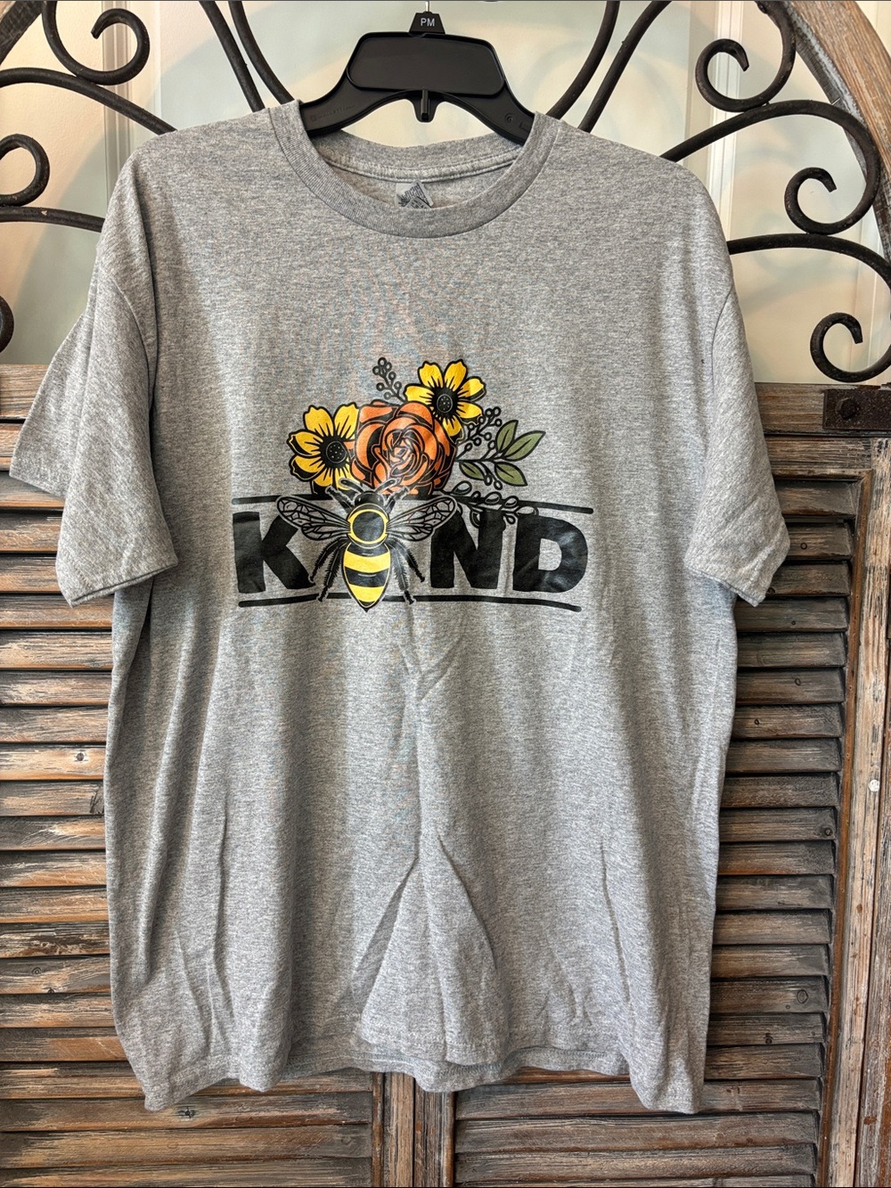 Gildan Gray Tee with Bee & Yellow-Orange Floral Graphic